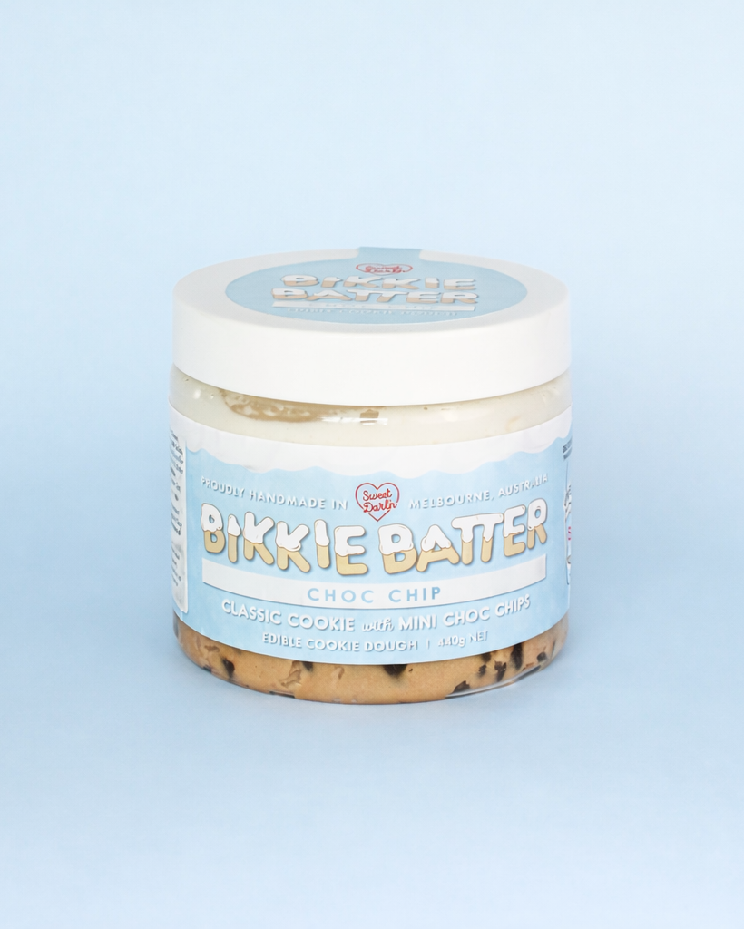 Jar of Bikkie Batter Choc Chip on a light blue background
