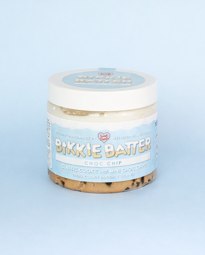 Jar of Bikkie Batter Choc Chip on a light blue background