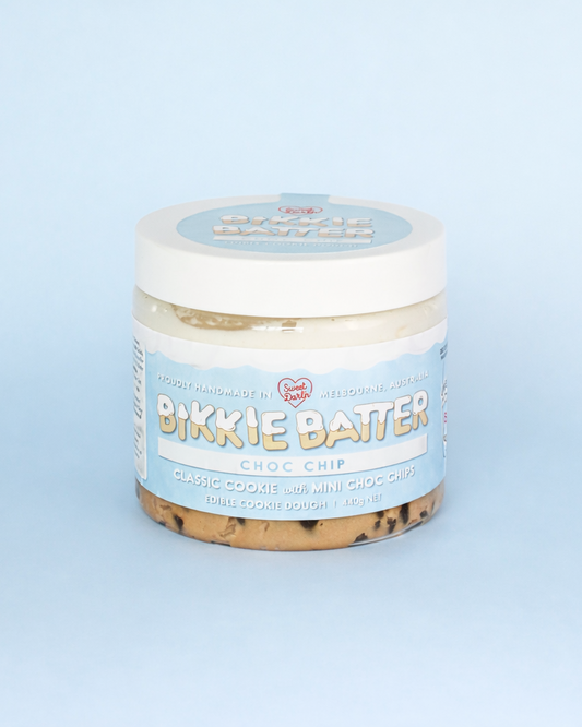Jar of Bikkie Batter Choc Chip on a light blue background