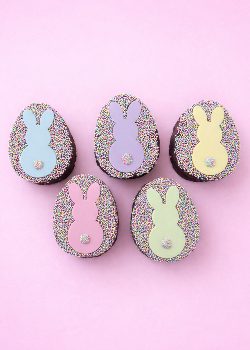 Five  wagon wheel Easter eggs with bunny designs on a pink background