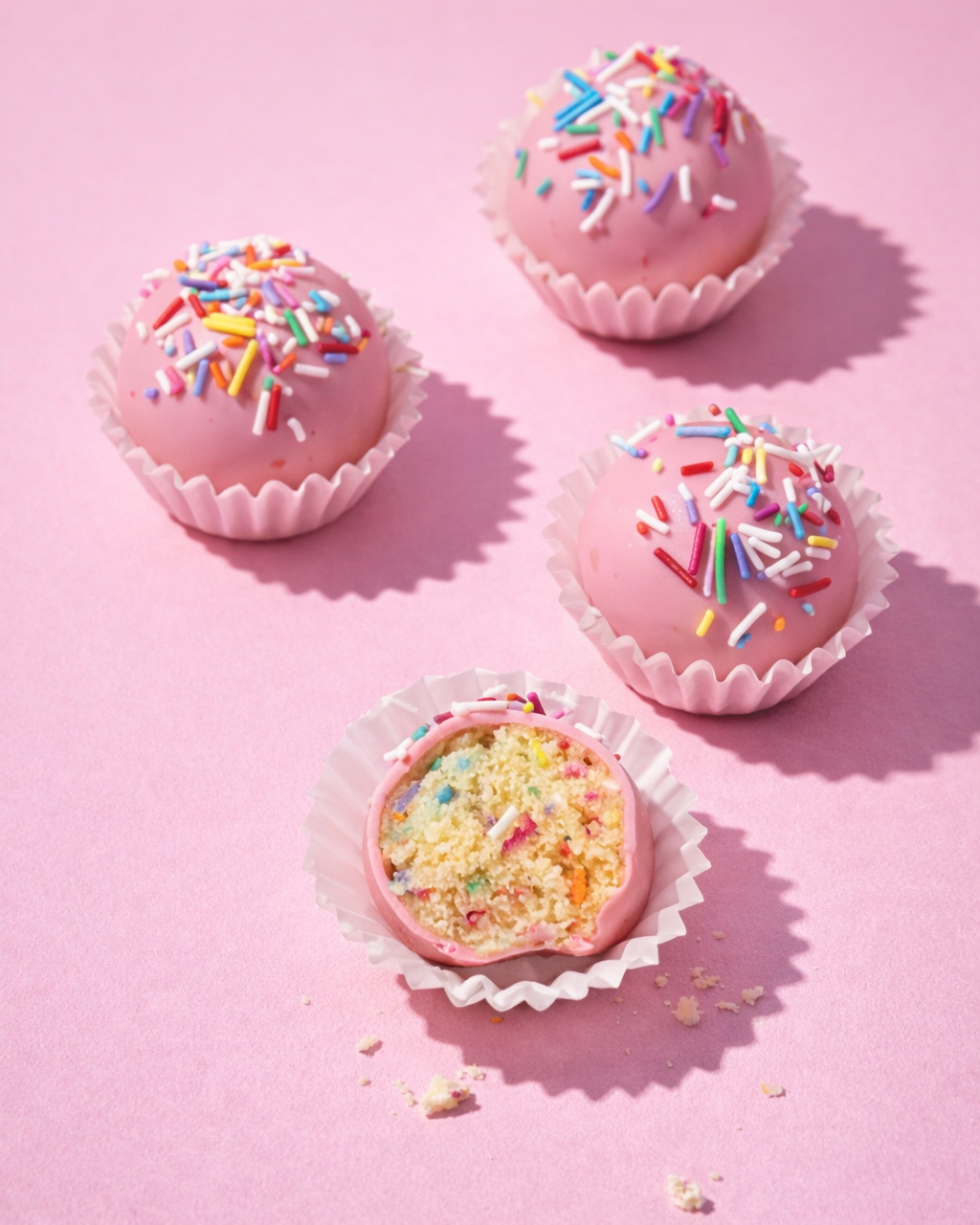 Pink cookie dough dessert treats with colorful sprinkles on a pink background