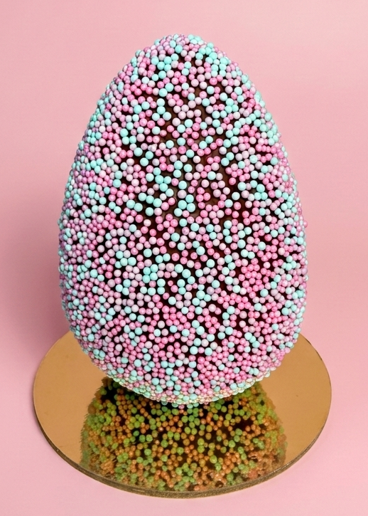 Chocolate egg covered in colorful sprinkles on a pink background