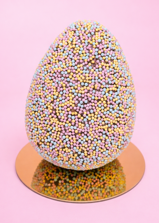 Easter egg with colorful sprinkles on a pink background